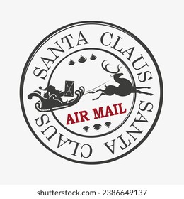 Isolated Christmas stamp with a silhouette of Santa Claus rushing in a sleigh on a reindeer, air mail.