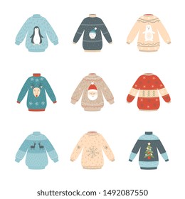 Isolated Christmas sweater set with holiday season symbols - Santa, reindeer, snowman, polar bear, penguin. Cute cozy winter jumper with cartoon characters - vector illustration