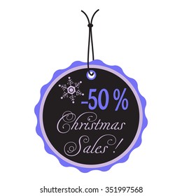 Isolated Christmas tag with the text minus fifty percent Christmas sales written on the tag