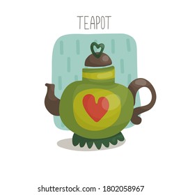 Isolated Christmas teapot for tea on a white background with ethnic pattern, lettering and decorative stain. Vector stock illustration for postcard or print in cute cartoon hygge style.