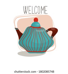 Isolated Christmas teapot for tea on a white background with ethnic pattern, lettering and decorative stain. Vector stock illustration for postcard or print in cute cartoon hygge style.