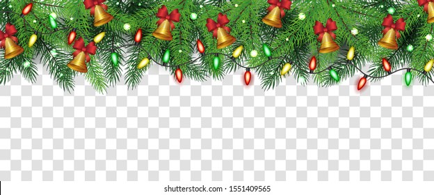 Isolated Christmas tree branch decoration on top frame border with realistic fairy lights and golden bells with red ribbons - vector illustration on transparent background