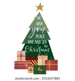 isolated Christmas tree is decorated with stars and gift packs under the tree. Merry Christmas. Happy New Year. Vector illustration