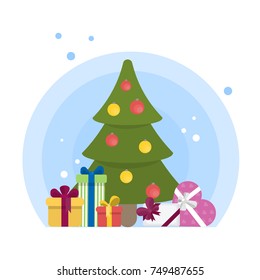Isolated christmas tree with decoration and gift boxes.