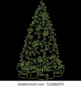 isolated Christmas tree, holiday decorations, gifts, sketch on a black background, vector illustration