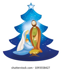 Isolated Christmas tree nativity scene with Joseph and baby Jesus in Mary's arms