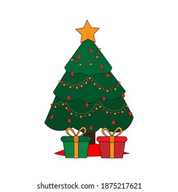 Isolated christmas tree with a star and ornaments. Vector illustration