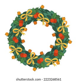 Isolated Christmas Tree Wreath, Winter Decoration of Plants, Fir or Pine Branches, Red Berries, Leaves and Gold Festive Bow. Design Element for Invitation or Greeting Card. Cartoon Vector Illustration