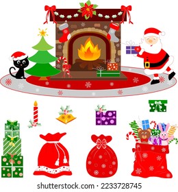 Isolated Christmas vector illustrations of Santa clause, fireplace, Christmas presents and gifts