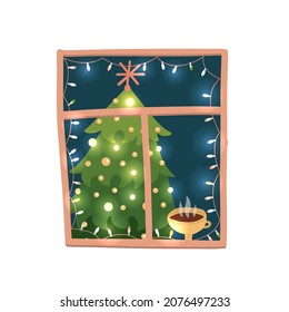 Isolated Christmas window. Outside view with decorated Christmas tree, string lights garland and hot coffee cup. Happy new year decoration. Vector illustration in flat cartoon style