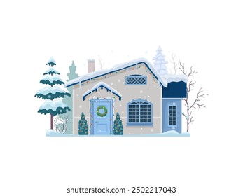 Isolated Christmas winter house building exterior with snowy roof. Xmas festive village home cartoon vector exterior, Christmas house snowy facade or winter holiday town cottage outdoor scene