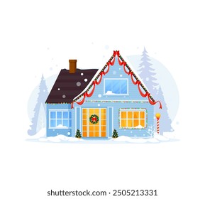 Isolated Christmas winter house exterior, home building facade with snowy roof. Vector suburban cottage, adorned with twinkling lights, festive wreath, and a dusting of snow, exuding holiday cheer