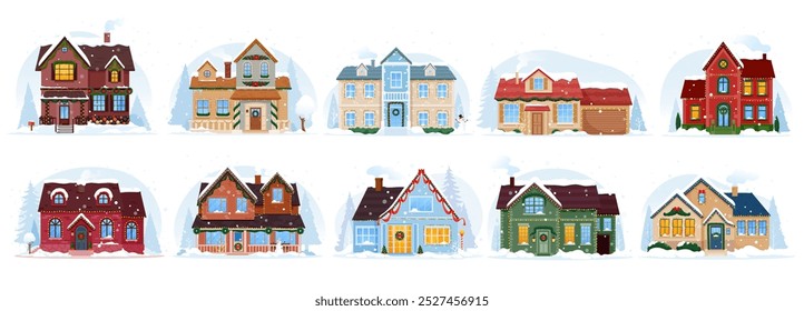 Isolated Christmas winter house exteriors, home building facade with snowy roofs, trees and snowman, vector Xmas holiday town scene. Cartoon house buildings decorated with Christmas lights and wreaths