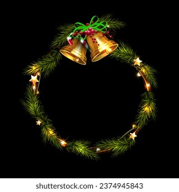 Isolated Christmas wreath with bells and fir branches on a black background.