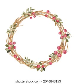 Isolated Christmas wreath with berries. Watercolor winter wreath. Merry christmas and happy new year party invitation card.