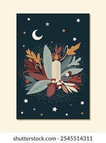 isolated christmas wreath with candle, plants and mistletoe abstract style. vector graphic christmas illustration. flat vector xmas template with wreath with candle for posters, cards, backgrounds
