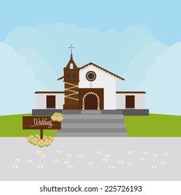 an isolated church with a wedding wooden signal and flowers