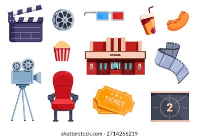 Elementos de cine aislados. Bebida de dibujos animados hot dog palomitas de maíz clapper y entradas. Producción de películas y observación de objetos. Icono del edificio del cine, sistema sapid del Vector