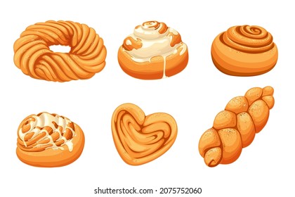 Isolated cinnamon roll bun and challah, sweet pastry food vector design. Cartoon dough swirls, heart shaped buns and braided bread, topped with sugar icing, cinnamon and sesame seeds, bakery menu