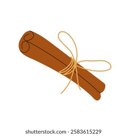 Isolated cinnamon sticks tied with rope. Savory spice. Design element in flat hand drawn style on white backdrop. Vector illustration.