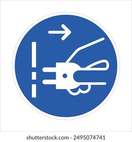 Isolated circle blue instruction sign to pull or unplug electric device and power cable form socket