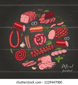 Isolated circle with different color meat products in sketch style. Vector illustration for your design
