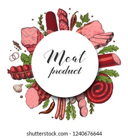 Isolated circle with different color meat products in sketch style.