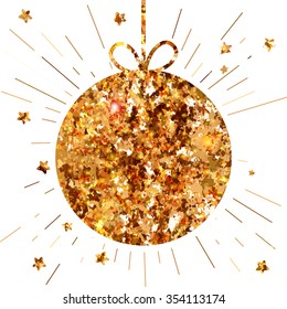 Isolated circle Gold glitter Banner with bow. Vector illustration. Luxury texture Holidays label. Glossy tag badge. Abstract poster for season offer.