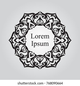 Isolated circle pattern text frame.  Black and white decorative round ornament for yoga design. Oriental, asian, indian, arabic, islam, turkish bohemian floral mandala for print. Vector illustration.