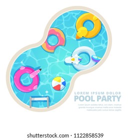 Isolated circle swimming pool, vector cartoon illustration. Summer poster, banner layout. Unicorn, flamingo, duck, ball, donut cute floats in water. Fun holiday background.