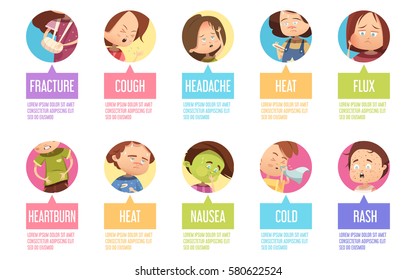 Isolated In Circles Cartoon Sikness Child Icon Set With Fracture Cough Headache Heat Flux Heartburn And Others Descriptions Vector Illustration