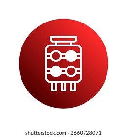 Isolated circuit board icon on red circular background presenting technology for electronics and innovation with detailed components