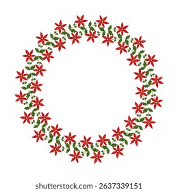 Isolated circular wreath of abstract red flowers and green leaves on a white background.