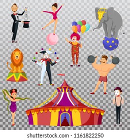 Isolated circus tent and set of isolated icons for strong man holding barbell weights, lion and elephant on ball, meme artist and clown with balloons, woman on ball and magician with rabbit in hat