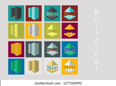 Isolated city buildings icon set different heights residential and public buildings business centers vector illustration - Shutterstock ID 1277105992
