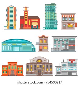 Isolated city buildings icon set different heights residential and public buildings business centers vector illustration