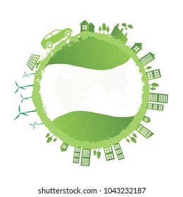 Isolated city buildings on green leaf design, Eco design background, Vector illustration