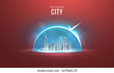 Isolated city. Low poly wireframe style. The concept of protection and isolation from external risk factors. Polygonal abstract isolated on blue background. Vector illustration