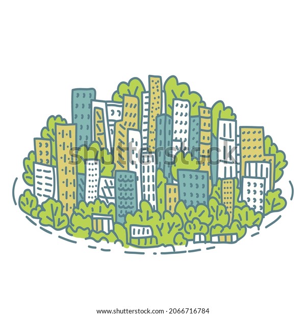 Isolated city metropolis in a doodle\
style. vector illustration isolated on white\
background