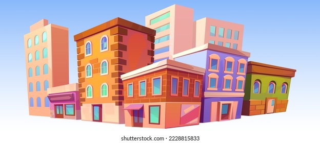 Isolated city retro buildings, vintage town houses architecture, cafe or store showcase on ground floor. Dwelling construction, stone cottages facades, exterior angle view cartoon vector illustration