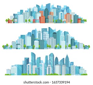 Isolated cityscape. City street, abstract urban and horizontal town landscape panorama cartoon vector illustration set. Panoramic views of downtown, district with modern buildings and skyscrapers.