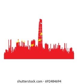 Isolated cityscape of Shanghai with the flag of China, Vector illustration