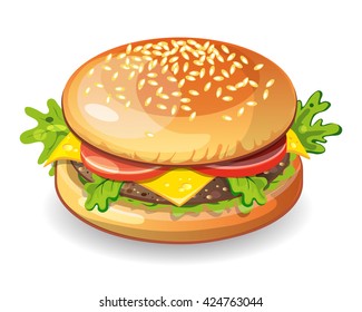 Isolated classic hamburger on white background. Fresh sandwich with beef, lettuce, tomato, bun and cheese. American fast food.