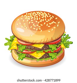 Isolated classic hamburger on white background. Fresh sandwich with beef, lettuce, tomato, bun and cheese. American fast food.
