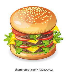 Isolated classic hamburger on white background. Fresh sandwich with beef, lettuce, tomato, bun and cheese. American fast food.