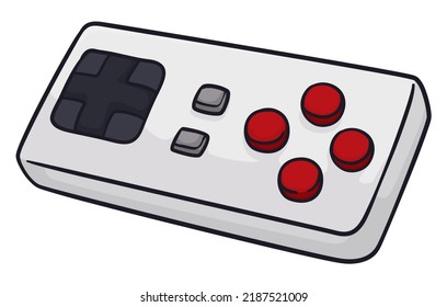 Isolated classic video game controller with the traditional buttons disposition at the right side and D-pad at left side. Design in cartoon style.