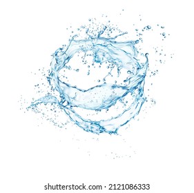 Isolated clean blue water wave swirl splash with splatters. Purity or energy concept. Realistic vector clear water splash falling drops frozen motion. Translucent aqua flow swirl splatters
