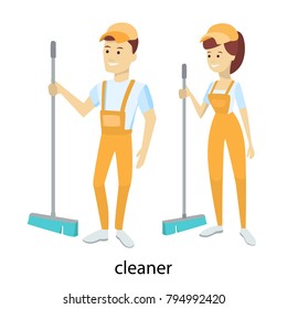 Isolated cleaners couple in unifrom with broom.