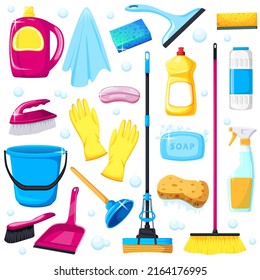 Isolated cleaning, washing equipment, tool, instrument set. Chemistry detergent, brush, gloves, mop, sponge, bucket, wiper, rag, soap, plunger, spray. Clean up house collection. Vector illustration