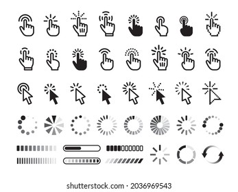 Isolated click icons. Hands symbols, selection pointer sign. Tap link, loading web indicator. Pick direction arrows, finger clicked tidy vector computer set